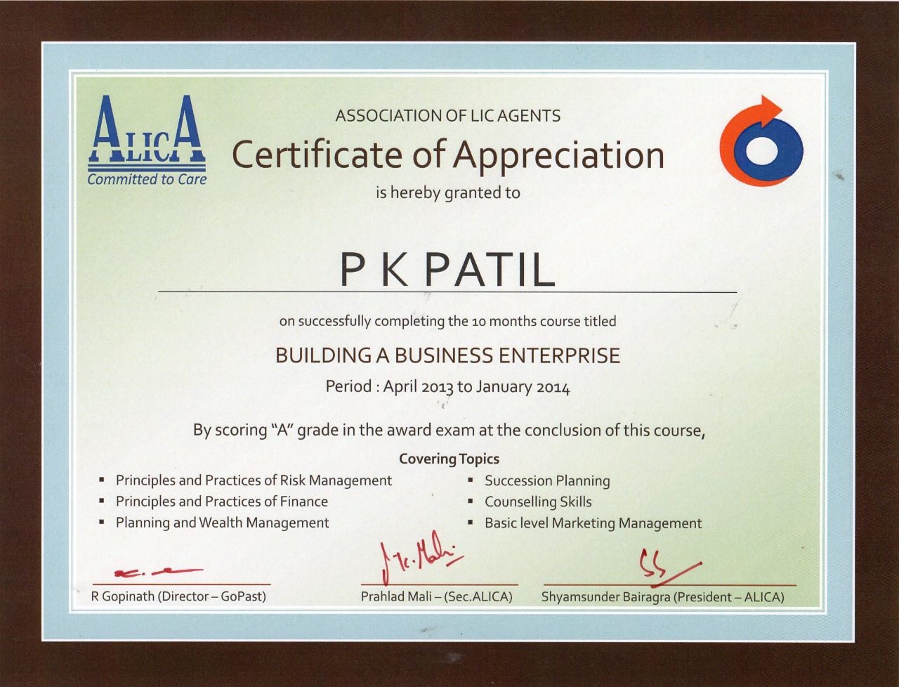 Certificate Of Appreciation 2014